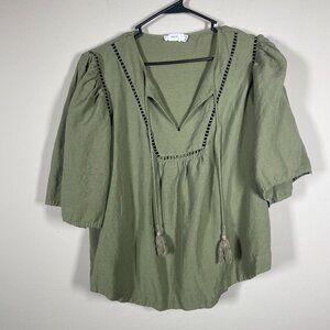 Maye Women's Green Peplum Blouse Linen Blend Lightweight 10!